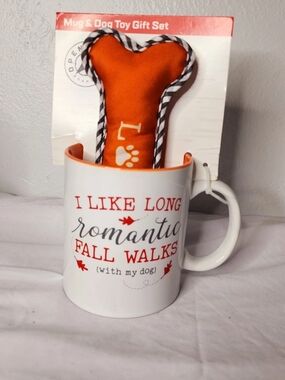 Open Road Brands Mug & Dog Toy Gift Set Long Romantic Fall Walks Orange Bone